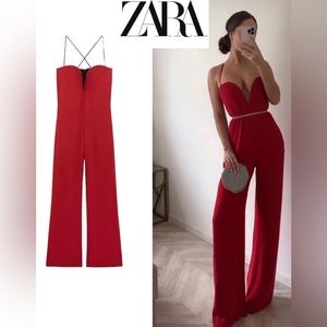 New $169 Zara Sweetheart Neckline Red Wide Leg Jumpsuit 2533/201 Small